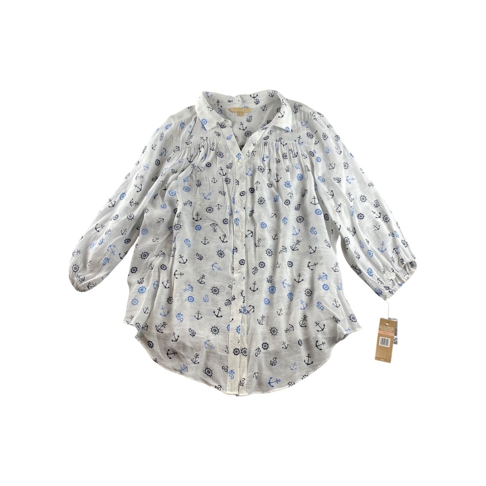 Hope & Harlow Anchor Wheel‎ Print Tunic Top White Blue Nautical Plus Size 2X